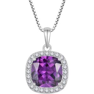 imageBirthstone Necklace for Women 925 Sterling Silver Princess Cut Halo Necklace Pendant Jewelry Gifts for Her02 February  Amethyst