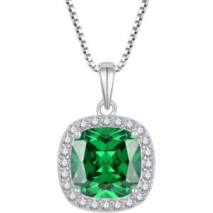 imageBirthstone Necklace for Women 925 Sterling Silver Princess Cut Halo Necklace Pendant Jewelry Gifts for Her05 May  Emerald