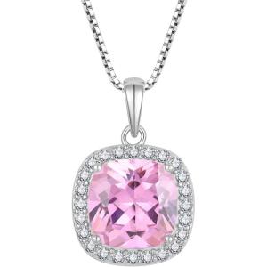 imageBirthstone Necklace for Women 925 Sterling Silver Princess Cut Halo Necklace Pendant Jewelry Gifts for Her10 October  Pink Tourmaline