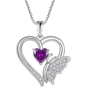 imageHeart Butterfly Necklace for Women 925 Sterling Silver Heart Pendant with Birthstone Jewelry for Women Her Mom Wife02 February  Amethyst