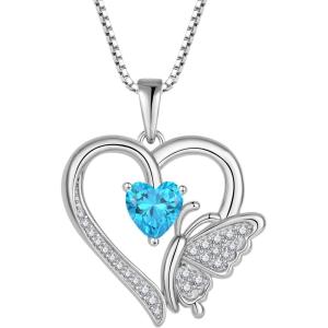 imageHeart Butterfly Necklace for Women 925 Sterling Silver Heart Pendant with Birthstone Jewelry for Women Her Mom Wife03 March  Aquamarine