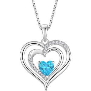 imageLove Heart Necklace for Women 925 Sterling Silver Birthstone Pendant Necklace Dainty Jewelry for Women Her Wife Mom03 March  Aquamarine