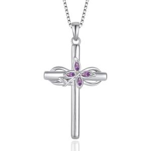 imageCross Necklace for Women 925 Sterling Silver Infinity Butterfly Cross Pendant Necklace Birthstone Jewelry Gifts for Her02 February  Amethyst