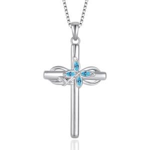 imageCross Necklace for Women 925 Sterling Silver Infinity Butterfly Cross Pendant Necklace Birthstone Jewelry Gifts for Her03 March  Aquamarine
