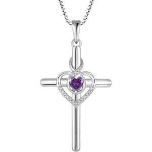imageHeart Cross Necklace for Women 925 Sterling Silver Infinity Cross Pendant Birthstone Necklace Religious Jewelry Gift for Women Her Mom Wife Daughter02 February  Amethyst