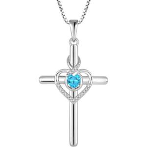 imageHeart Cross Necklace for Women 925 Sterling Silver Infinity Cross Pendant Birthstone Necklace Religious Jewelry Gift for Women Her Mom Wife Daughter03 March  Aquamarine