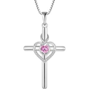 imageHeart Cross Necklace for Women 925 Sterling Silver Infinity Cross Pendant Birthstone Necklace Religious Jewelry Gift for Women Her Mom Wife Daughter10 October  Pink Tourmaline
