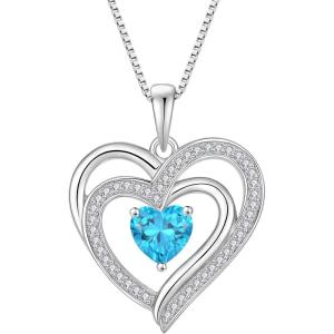 imageLove Heart Necklace for Women 925 Sterling Silver Birthstone Pendant Necklace Jewelry Gift for Women Her Mom Wife Daughter Sister03 March  Aquamarine