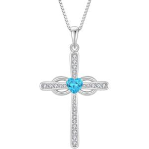 imageWomen Cross Necklace 925 Sterling Silver Infinity Cross Necklace Heart Birthstone Pendant Religious Jewelry Gifts for Her03 March  Aquamarine