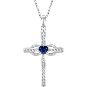 imageWomen Cross Necklace 925 Sterling Silver Infinity Cross Necklace Heart Birthstone Pendant Religious Jewelry Gifts for Her09 September  Sapphire