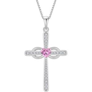 imageWomen Cross Necklace 925 Sterling Silver Infinity Cross Necklace Heart Birthstone Pendant Religious Jewelry Gifts for Her10 October  Pink Tourmaline