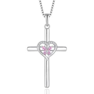 imageButterfly Cross Necklace for Women 925 Sterling Silver Crucifix Pendant Necklace Birthstone Jewelry Gifts for Women Her Mom Wife Daughter10 October  Pink Tourmaline