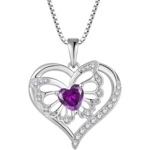 imageButterfly Necklace for Women 925 Sterling Silver Love Heart Necklace Birthstone Pendant Jewelry Gifts for Women Her Mom Wife02 February  Amethyst