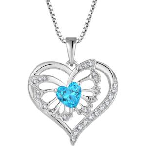 imageButterfly Necklace for Women 925 Sterling Silver Love Heart Necklace Birthstone Pendant Jewelry Gifts for Women Her Mom Wife03 March  Aquamarine