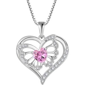imageButterfly Necklace for Women 925 Sterling Silver Love Heart Necklace Birthstone Pendant Jewelry Gifts for Women Her Mom Wife10 October  Pink Tourmaline