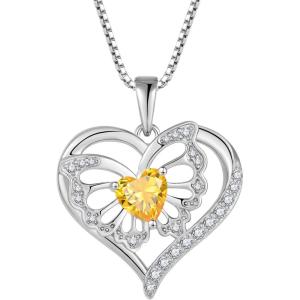imageButterfly Necklace for Women 925 Sterling Silver Love Heart Necklace Birthstone Pendant Jewelry Gifts for Women Her Mom Wife11 November  Citrine