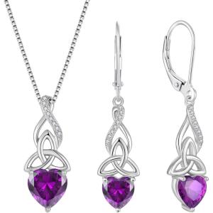 imageInfinity Celtic Knot Jewelry Set for Women 925 Sterling Silver Irish Necklace Amethyst Dangle Drop Leverback Earrings February Birthstone Jewelry Gifts for Her Mom
