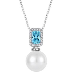 imagePearl Necklace for Women 925 Sterling Silver Birthstone Pendant Necklace Emerald Cut Jewelry Gifts for Her03 March  Aquamarine