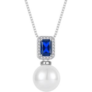imagePearl Necklace for Women 925 Sterling Silver Birthstone Pendant Necklace Emerald Cut Jewelry Gifts for Her09 September  Sapphire