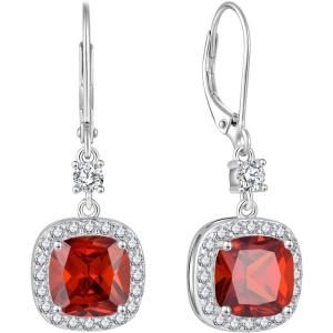imageWomen Leverback Earrings 925 Sterling Silver Princess Cut Halo Earrings Birthstone Dangle Drop Earrings for Women Her Mom Wife01 January  Garnet