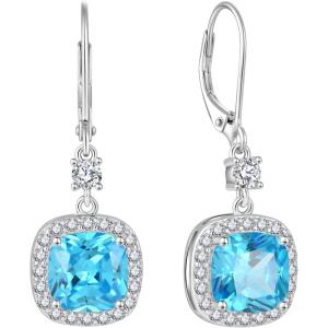 imageWomen Leverback Earrings 925 Sterling Silver Princess Cut Halo Earrings Birthstone Dangle Drop Earrings for Women Her Mom Wife03 March  Aquamarine