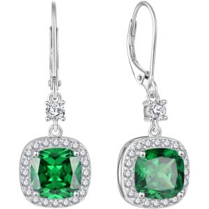imageWomen Leverback Earrings 925 Sterling Silver Princess Cut Halo Earrings Birthstone Dangle Drop Earrings for Women Her Mom Wife05 May  Emerald