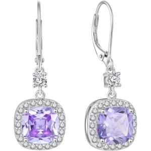imageWomen Leverback Earrings 925 Sterling Silver Princess Cut Halo Earrings Birthstone Dangle Drop Earrings for Women Her Mom Wife06 June  Alexandrite