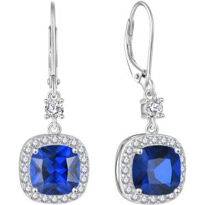 imageWomen Leverback Earrings 925 Sterling Silver Princess Cut Halo Earrings Birthstone Dangle Drop Earrings for Women Her Mom Wife09 September  Sapphire
