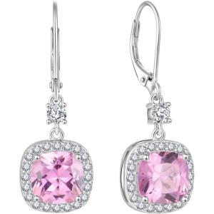 imageWomen Leverback Earrings 925 Sterling Silver Princess Cut Halo Earrings Birthstone Dangle Drop Earrings for Women Her Mom Wife10 October  Pink Tourmaline