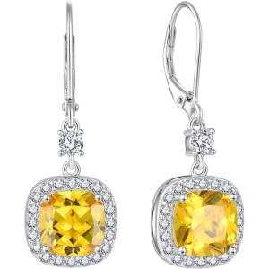 imageWomen Leverback Earrings 925 Sterling Silver Princess Cut Halo Earrings Birthstone Dangle Drop Earrings for Women Her Mom Wife11 November  Citrine