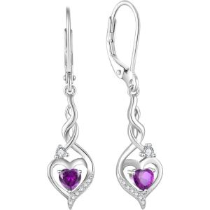 imageInfinity Dangle Drop Earrings for Women 925 Sterling Silver Heart Leverback Twisted Earrings with Birthstone Jewelry Gifts for Her02 February  Amethyst