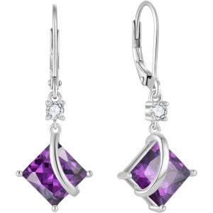 imageSquare Princess Cut Drop Dangle Earrings 925 Sterling Silver Solitaire Leverback Earrings Birthstone Jewelry Gifts for Women02 February  Amethyst