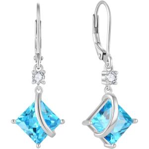imageSquare Princess Cut Drop Dangle Earrings 925 Sterling Silver Solitaire Leverback Earrings Birthstone Jewelry Gifts for Women03 March  Aquamarine