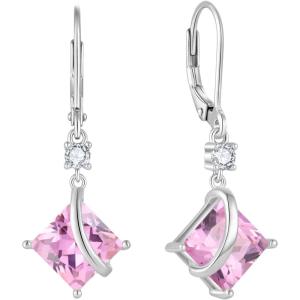imageSquare Princess Cut Drop Dangle Earrings 925 Sterling Silver Solitaire Leverback Earrings Birthstone Jewelry Gifts for Women10 October  Pink Tourmaline