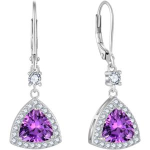 imageDangle Drop Earrings for Women 925 Sterling Silver Triangle Halo Leverback Earrings with Birthstone Jewelry for Her02 February  Amethyst