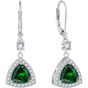 imageDangle Drop Earrings for Women 925 Sterling Silver Triangle Halo Leverback Earrings with Birthstone Jewelry for Her05 May  Emerald