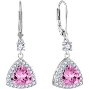 imageDangle Drop Earrings for Women 925 Sterling Silver Triangle Halo Leverback Earrings with Birthstone Jewelry for Her10 October  Pink Tourmaline
