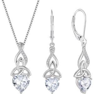 imageInfinity Celtic Knot Jewelry Set for Women 925 Sterling Silver Irish Necklace Diamond Dangle Drop Leverback Earrings April Birthstone Jewelry Gifts for Her Mom