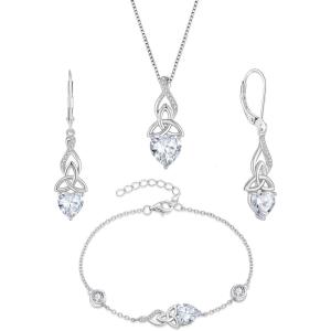 imageInfinity Celtic Knot Jewelry Set for Women 925 Sterling Silver Irish Necklace Diamond Dangle Drop Leverback Earrings and Bracelet April Birthstone Jwelry Gifts for Her