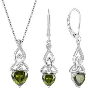 imageInfinity Celtic Knot Jewelry Set for Women 925 Sterling Silver Irish Necklace Peridot Dangle Drop Leverback Earrings August Birthstone Jewelry Gifts for Mom