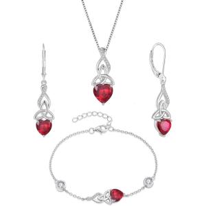 imageInfinity Celtic Knot Jewelry Set for Women 925 Sterling Silver Irish Necklace Ruby Dangle Drop Leverback Earrings and Bracelet July Birthstone Jewelry Gifts for Her