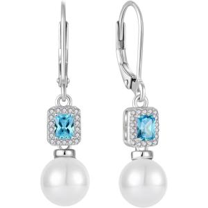 imagePearl Drop Earrings Dangling 925 Sterling Silver Emerald Cut Leverback Earrings Birthstone Jewelry for Women03 March  Aquamarine