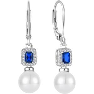 imagePearl Drop Earrings Dangling 925 Sterling Silver Emerald Cut Leverback Earrings Birthstone Jewelry for Women09 September  Sapphire