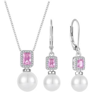 imagePearl Jewelry Set 925 Sterling Silver Pink Tourmaline Necklace Earrings Emerald Cut October Birthstone Jewelry Gifts for Her