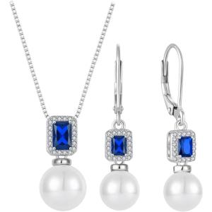 imagePearl Jewelry Set 925 Sterling Silver Sapphire Necklace Earrings Emerald Cut September Birthstone Jewelry Gifts for Her