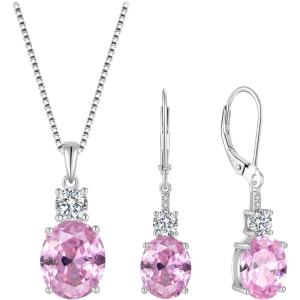 imagePink Tourmaline Jewelry Set for Women 925 Sterling Silver Oval Cut Necklace Dangle Drop Leverback Earrings October Birthstone Jewelry for Her