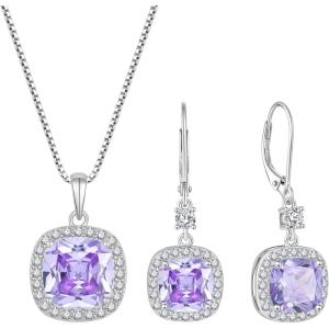 imagePrincess Cut Jewelry Set for Women 925 Sterling Silver Alexandrite June Birthstone Necklace Halo Dangle Drop Leverback Earrings Jewelry Gifts for Her