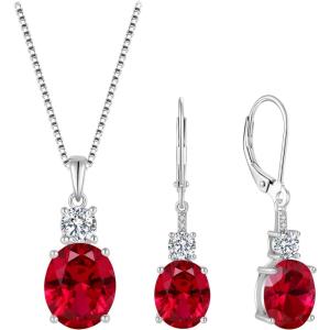 imageRuby Jewelry Set for Women 925 Sterling Silver Oval Cut Necklace Dangle Drop Leverback Earrings July Birthstone Jewelry for Her