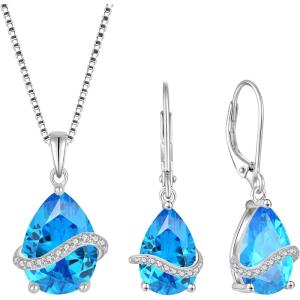 imageTeardrop Jewelry Set for Women 925 Sterling Silver Aquamarine Necklace Dangle Drop Leverback Earrings March Birthstone Jewelry Gifts for Her