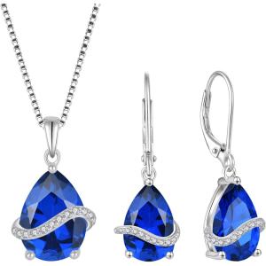 imageTeardrop Jewelry Set for Women 925 Sterling Silver Sapphire Necklace Dangle Drop Leverback Earrings September Birthstone Jewelry Gifts for Her